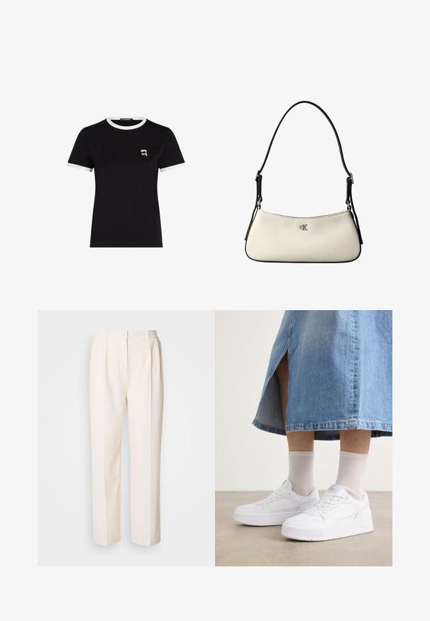 Zwarte T-shirt met korte mouwen, gemaakt van katoen, met een contrasterende witte geribbelde halslijn en een klein geborduurd ontwerp op de borst.; Lacoste Broek - lapland; Witte sneakers van textiel leer, met een platformzool, ronde neus en vetersluiting; gecombineerd met lichtgrijze crew-sokken en een spijkerrok.; Kleine schoudertas in crème met zwarte afwerking, verstelbare zwarte band en zilveren "cK"-logo in het midden aan de voorkant.