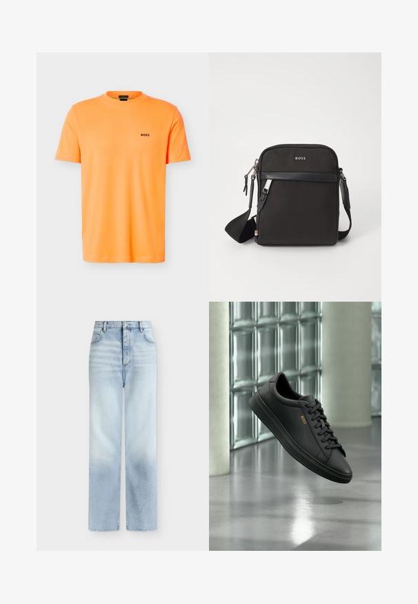 T-shirt orange vif à manches courtes avec col rond, petit logo noir "BOSS" sur le côté gauche de la poitrine, design simple sur fond blanc.; Jeans bleu clair taille haute à jambes droites, avec poches avant, passants de ceinture et fermeture par bouton.; Baskets basses en cuir noir avec lacets noirs et logo BOSS doré sur le côté, flottant au-dessus d’un sol gris brillant dans un espace intérieur moderne.; Sac bandoulière noir en tissu texturé, avec un logo sur le devant, fermeture éclair et une bandoulière réglable. Finitions en cuir lisse.