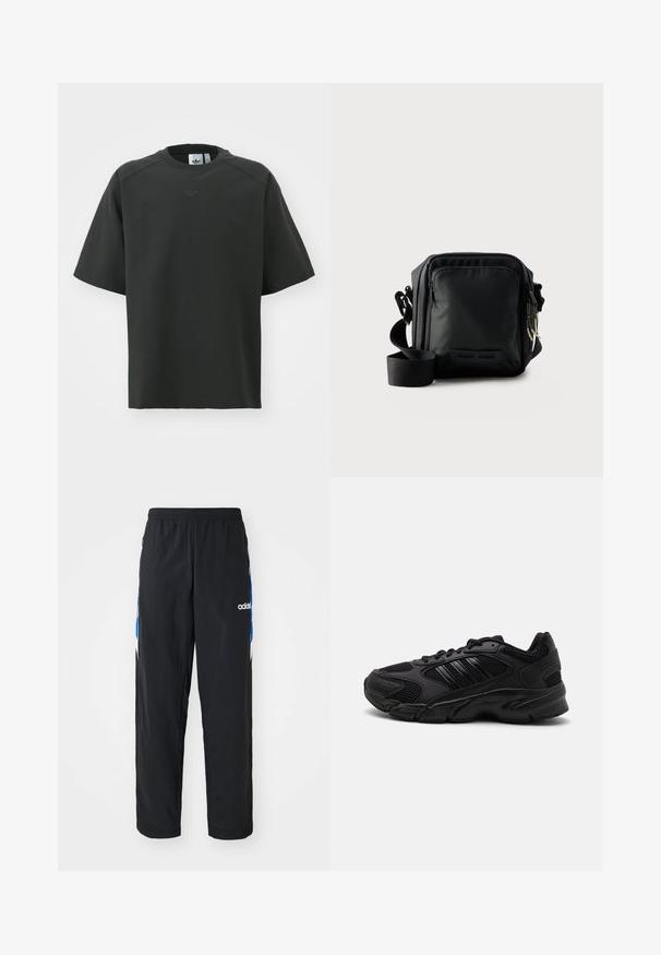 Sort kortærmet t-shirt lavet af glat stof. Har en rund halsudskæring, præget logo på brystet og mesh-detaljer på ærmerne.; Sorte træningsbukser med elastisk talje, prydet med blå og hvide grafiske detaljer på siderne og et broderet logo.; Sorte træningssko med en kombination af åndbart mesh og syntetiske materialer. Distinct tekstureret sål og tre sorte striber på siden.; Sort kompakt crossbody taske med front lynlåslomme, justerbar rem og tekstureret stof mod en ensfarvet baggrund.