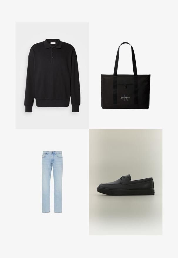 Schwarzes Langarm-Polohemd, gerippte Textur, Knopfleiste mit drei Knöpfen, gesticktes Logo auf der Brust, enganliegende Bündchen und Saum. Material aus weichem Baumwollmix.; Hellblaue Straight-Leg-Jeans aus Denim mit vorderem Knopf, Reißverschluss und Fünf-Taschen-Design, gezeigt auf weißem Hintergrund.; Schwarzer lässiger Lederloafer mit Schnürdetails und dicker Gummisohle, seitlich auf neutralem Hintergrund dargestellt.; Schwarze Calvin Klein Tote-Tasche mit zwei langen Griffen und Fronttasche, mit dem Markenlogo in Weiß und Grau.