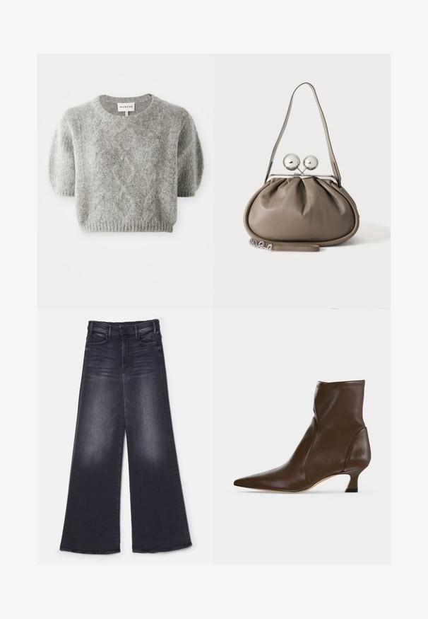 Pull-over gris à manches courtes avec un motif en maille torsadée et un ourlet côtelé. Fabriqué dans un matériau doux et texturé. Étiquette de marque visible au niveau du cou.; Mother THE HUSTLER ROLLER SNEAK - Wide Leg - not today satan; Bottine en cuir marron à bout pointu et talon bas incurvé sur fond clair.; Sac à main en cuir gris de forme arrondie, fermeture supérieure avec deux grandes sphères argentées, et une seule anse.