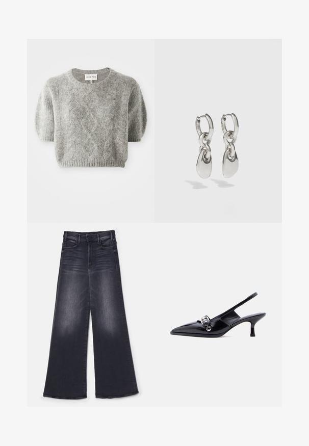 Grå kortærmet pullover sweater med kabelstrik mønster og ribbet kant. Fremstillet af et blødt, tekstureret materiale. Brandlabel synligt ved halsen.; Mother THE HUSTLER ROLLER SNEAK - Wide leg - not today satan; Sort laklæderslingbacksko med lille hæl, spids tå og sølvsfarvet spænde på ensartet hvid baggrund.; Sølvøreringe med forlængede ovale led, der har en poleret overflade og en struktureret dråpevedhæng. Enkel design med glatte kanter.