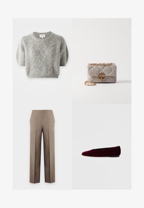Grå kortærmet pullover sweater med kabelstrik mønster og ribbet kant. Fremstillet af et blødt, tekstureret materiale. Brandlabel synligt ved halsen.; Beige højtaljede bukser med skræddersyet pasform, der har to frontfals, lige ben-design og rene, udekorerede linjer.; Bourgognefarvede balletflade sko i fløjl med rundet tå og lav hæl, med en glat tekstur og elegant design.; Vanessa Bruno MOON - Håndtasker - sable