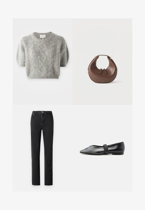 Grå kortærmet pullover sweater med kabelstrik mønster og ribbet kant. Fremstillet af et blødt, tekstureret materiale. Brandlabel synligt ved halsen.; Sorte denimjeans med høj talje, lige ben, fem lommer og med en knaplukning med metalhardware.; Sort læder flad sko med en rynket rem over toppen og en let spids tå, vist mod en ensfarvet baggrund.; Brun læderhåndtaske i halvmåneform med en øverste hank og to lynlås-dragere på en hvid baggrund.
