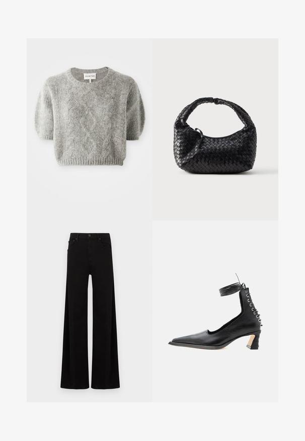 Grå kortærmet pullover sweater med kabelstrik mønster og ribbet kant. Fremstillet af et blødt, tekstureret materiale. Brandlabel synligt ved halsen.; Sort viddeben jeansbukser i denim med høj talje, forlommer og en enkel lukning med metal-knap.; Sort lavhælet lædersko med spids tå, snøredetalje bagpå og ankelrem mod en ensartet hvid baggrund.; Sort flettet håndtaske med en rundet form, tekstureret finish og et buet håndtag. Har et diskret logo på forsiden.