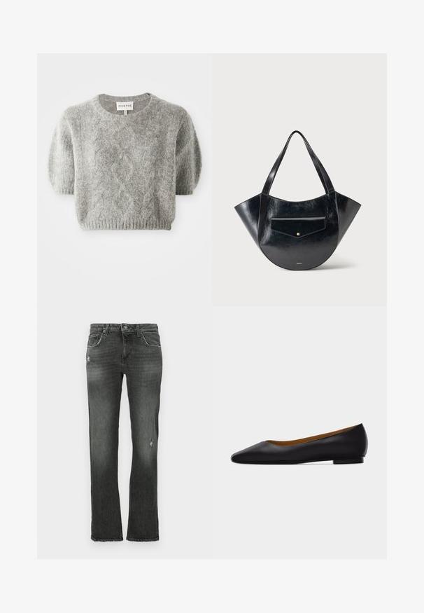 Grå kortærmet pullover sweater med kabelstrik mønster og ribbet kant. Fremstillet af et blødt, tekstureret materiale. Brandlabel synligt ved halsen.; Sorte denimjeans med lige ben-design, der har subtil slid og en klassisk femlomme-layout. Standard knaplukning og bæltestropper.; Sort læder flad sko med spids tå, lav hæl og glat finish, vist fra siden på en lysegrå baggrund.; Sort blank læderhåndtaske med bredt buet design, to skulderremme og forlommelåg med lille gylden knap.