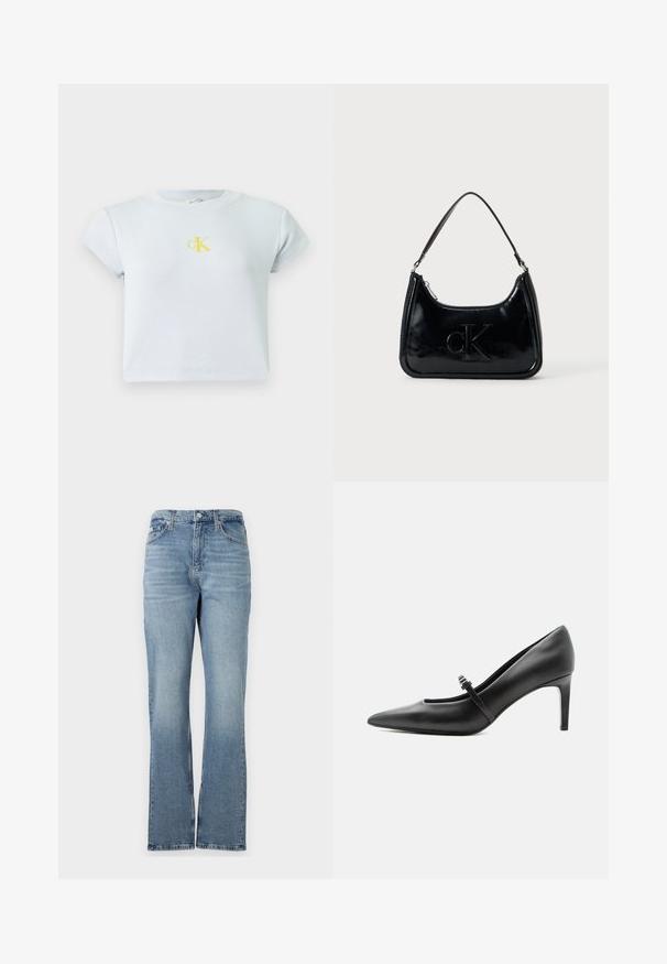 Himmelblaues, geripptes, kurzärmliges Crop-Top mit einem gelben CK-Logo auf der Brust. Einfaches, tailliertes Design mit Rundhalsausschnitt. Glatte Textur.; Helle blaue Jeans aus Denim mit geradem Bein, fünf Taschen, Gürtelschlaufen und Reißverschluss. Der Stoff hat eine dezente Struktur.; Schwarzer Leder-Pumps mit spitzer Zehenpartie, dünnem Riemen und Schnalle über dem Spann, stehend auf hellem neutralem Hintergrund.; Schwarze Handtasche aus patentiertem Leder mit einem gebogenen oberen Griff, Reißverschluss und geprägt "cK" Logo auf der Vorderseite. Glatte Textur, strukturierte Form.