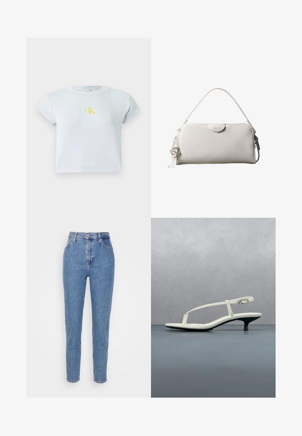 Lichtblauwe, geribde crop top met korte mouwen en een gele CK-logo op de borst. Eenvoudig, aansluitend ontwerp met een ronde halslijn. Gladde textuur.; Blauwe high-waisted straight-leg jeans met een knoop en rits aan de voorkant, riemlussen en zakken, weergegeven op een effen witte achtergrond.; Witte sandaal met smalle bandjes en kitten heel, met een spitse neus, zwevend boven een houten tegelvloer buiten, met op de achtergrond een wazige plant en muur.; Witte rechthoekige Calvin Klein handtas met enkele handgreep, minimalistisch ontwerp en decoratieve kwastjes met geometrische metalen hanger aan de zijkant.