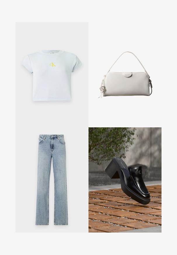 Svetlomodrý, ryhovaný crop top s krátkym rukávom a žltým logom CK na hrudi. Jednoduchý, priliehavý dizajn s okrúhlym výstrihom. Hladká textúra.; Svetlo modré, široké džínsy vyrobené z denimu. Majú zapínanie na gombík a zips, predné vrecká a jemné zosvetlenie. Čisté lemovanie.; Čierne kožené šľapky Calvin Klein s blokovým podpätkom, ktoré oddychujú na drevených dlaždiciach vonku blízko zelenej rastliny a šedej steny.; Biela obdĺžniková kabelka Calvin Klein s jedným rúčikom, minimalistickým dizajnom a dekoratívnymi strapcami s geometrickým kovovým príveskom na boku.