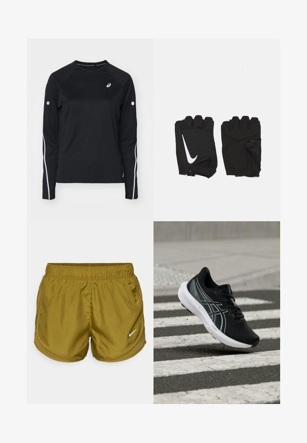 T-shirt de sport noir à manches longues avec des manches raglan, bandes réfléchissantes blanches sur les côtés et col rond. Présente un petit logo sur la poitrine.; Shorts de sport vert olive en tissu lisse, dotés d'une taille élastique et d'accents en maille sur les côtés. Comprend un logo Nike blanc.; Chaussure de course noire avec semelle blanche et rayures grises en l'air au-dessus de l'asphalte avec des bandes blanches de passage piéton.; Gants de gym sans doigts noirs en tissu respirant, avec un logo blanc Nike, des paumes rembourrées et un design ouvert au niveau du poignet pour plus de flexibilité.