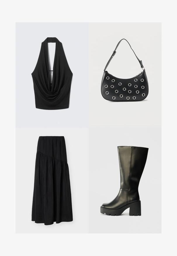 Μαύρο αμάνικο τοπ με halter, βαθύ ντεκολτέ με draped σχέδιο και ανοιχτή πλάτη, κρεμασμένο σε ανοιχτό γκρι φόντο.; Μαύρη φούστα μήκους μέχρι τον αστράγαλο με συλλεγμένο ύφασμα και διαγώνια ραφή μπροστά.; Μαύρη δερμάτινη μπότες μέχρι το γόνατο με χοντρό υφασμάτινο μαύρο τακούνι. Διαθέτει λείο επιφάνεια και κομψό κάθετο σχέδιο.; Μαύρη δερμάτινη τσάντα ώμου με ρυθμιζόμενο λουράκι, διακοσμημένη με ασημένιες μεταλλικές τρύπες και επάνω φερμουάρ κλεισίματος.
