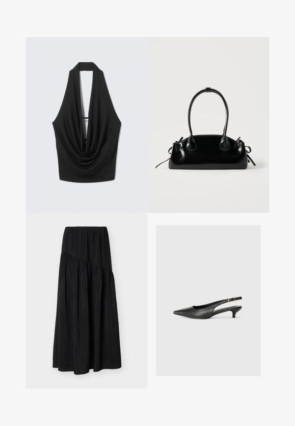 Μαύρο αμάνικο τοπ με halter, βαθύ ντεκολτέ με draped σχέδιο και ανοιχτή πλάτη, κρεμασμένο σε ανοιχτό γκρι φόντο.; Μαύρη φούστα μήκους μέχρι τον αστράγαλο με συλλεγμένο ύφασμα και διαγώνια ραφή μπροστά.; Μαύρο παπούτσι slingback με μυτερή μύτη, κατασκευασμένο από λείο δέρμα. Διαθέτει λεπτό τακούνι και λεπτομέρεια με αγκράφα στη ρυθμιζόμενη λωρίδα.; Μικρή μαύρη γυαλιστερή τσάντα με δύο μακριές λαβές και λεπτομέρειες με ρυθμιζόμενο κορδόνι στο πλάι σε απλό ανοιχτό φόντο.