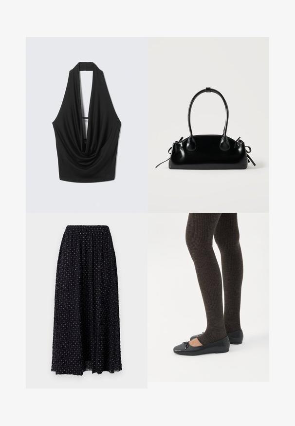 Μαύρο αμάνικο τοπ με halter, βαθύ ντεκολτέ με draped σχέδιο και ανοιχτή πλάτη, κρεμασμένο σε ανοιχτό γκρι φόντο.; Μαύρη μακριά φούστα με ύφανση δικτυωτού σχεδίου σε σχήμα διαμαντιού, ελαστική μέση και ελαφριά ραφή στην κορυφή, με ασημί λεπτομέρειες σε όλη τη διάρκεια.; Πόδια με σκουρόχρωμα ριμπ κολάν συνδυασμένα με μαύρα μπαλαρίνα παπούτσια με μικρές λεπτομέρειες φιόγκων σε λευκό φόντο.; Μικρή μαύρη γυαλιστερή τσάντα με δύο μακριές λαβές και λεπτομέρειες με ρυθμιζόμενο κορδόνι στο πλάι σε απλό ανοιχτό φόντο.