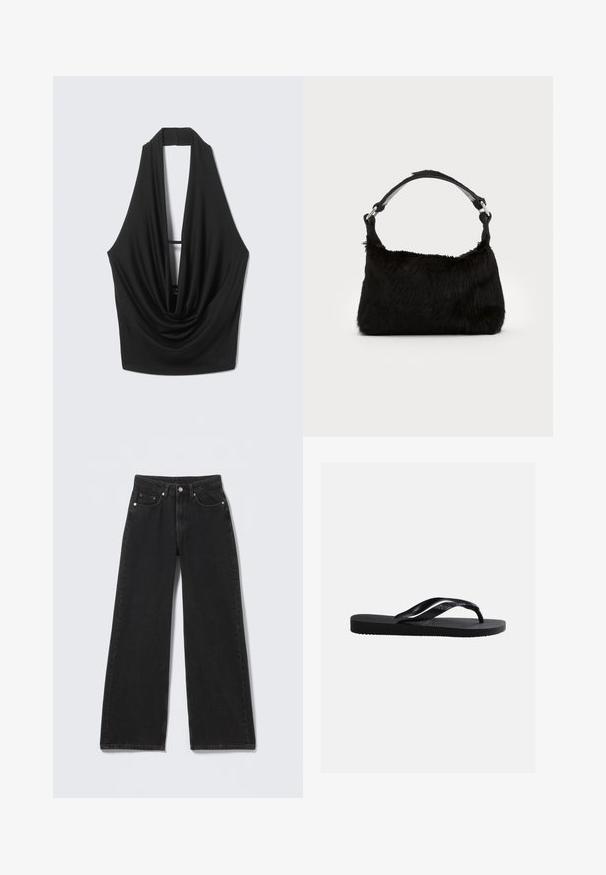 Μαύρο αμάνικο τοπ με halter, βαθύ ντεκολτέ με draped σχέδιο και ανοιχτή πλάτη, κρεμασμένο σε ανοιχτό γκρι φόντο.; Μαύρα τζιν με ψηλή μέση και φαρδύ πόδι, με κούμπωμα με κουμπί και φερμουάρ μπροστά, θηλιές για ζώνη και πέντε μπροστινές τσέπες σε ανοιχτό φόντο.; Μαύρη λαστιχένια σαγιονάρα με υφή στην σόλα και λείες λουρίδες, πλευρική όψη σε απλό ανοιχτό γκρι φόντο.; Μαύρη τσάντα χειρός από ψεύτικη γούνα με απαλή υφή, στρογγυλή σχήμα και ανθεκτική μαύρη δερμάτινη ιμάντα ώμου. Ορατά ασημένια αξεσουάρ.