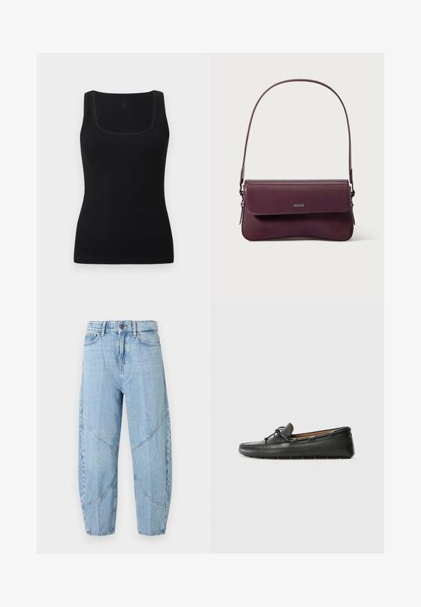Débardeur noir moulant en tissu lisse, doté d'un décolleté carré et de larges bretelles ; sans motifs ni accents visibles.; Jean en denim bleu clair à taille haute, fermeture par bouton et zip, cinq poches, et coutures courbes décoratives à l'avant et sur les jambes.; Bateau en cuir noir avec un bout arrondi, des détails de couture, un petit accent en nœud et une semelle en caoutchouc. Texture lisse et design épuré.; Sac à main en cuir bordeaux au design structuré, avec une fermeture à rabat et une bandoulière ajustable. Détail du logo embossé sur le devant.