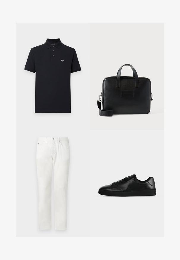 Navy polo shirt with a classic collar, three-button placket, and embroidered logo on the chest. Made of cotton, featuring short sleeves.; White straight-leg jeans with front button and zipper closure, belt loops, and front pockets, displayed against a plain background.; Low-profile black leather sneaker with lace-up front and textured flat sole, shown from the side on a neutral background.; Black leather laptop bag with two top handles, a removable shoulder strap, textured surface, and a rectangular shape. Embossed logo patch visible.
