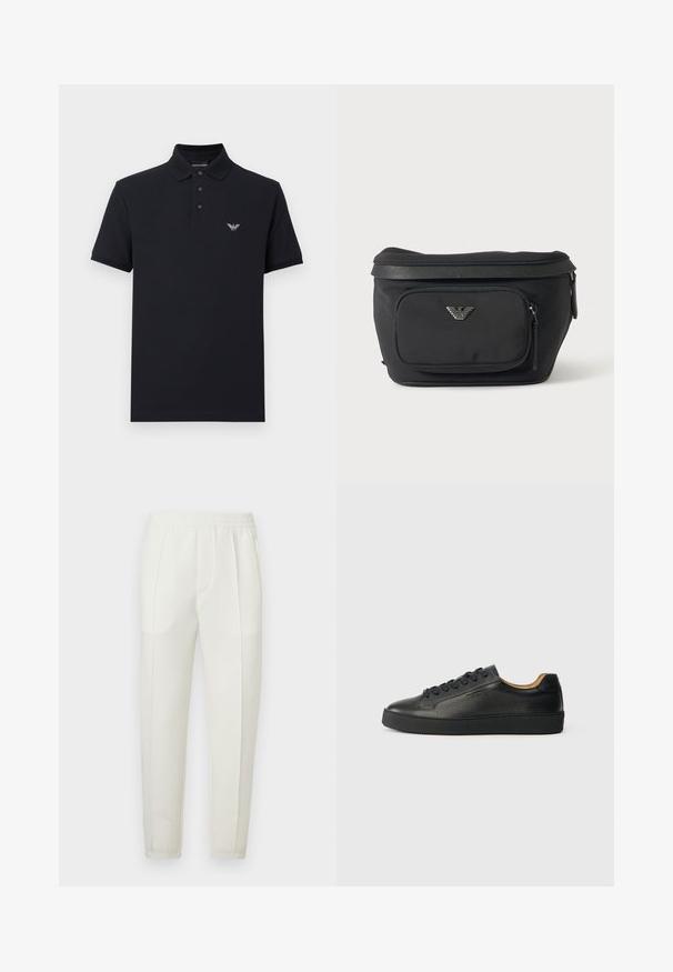 Navy polo shirt with a classic collar, three-button placket, and embroidered logo on the chest. Made of cotton, featuring short sleeves.; White slim-fit pants with an elastic waistband, featuring two side pockets and a smooth, slightly shiny texture.; Black low-top leather sneaker with textured surface, black laces, and thick rubber sole, shown from the side on a light background.; Black waist bag with front zip pocket and silver eagle logo, smooth fabric with textured trim and zipper pulls.
