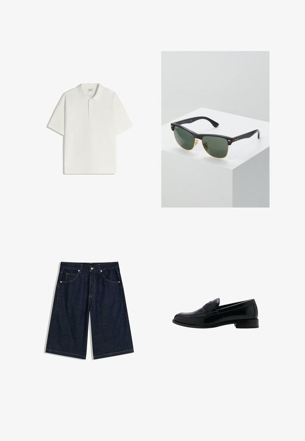 Polo blanc à manches courtes avec patte à deux boutons et col classique, posé à plat sur fond blanc.; Shorts en jean bleu foncé jusqu'au genou avec bouton devant, fermeture éclair, et design à cinq poches avec surpiqûres contrastantes.; Mocassin en cuir noir avec un talon bas, un bout rond et un détail classique de bride à penny sur le dessus.; Lunettes de soleil Ray-Ban avec des verres verts, monture en plastique noir et accents dorés sur les bords. Forme carrée avec une finition mate.