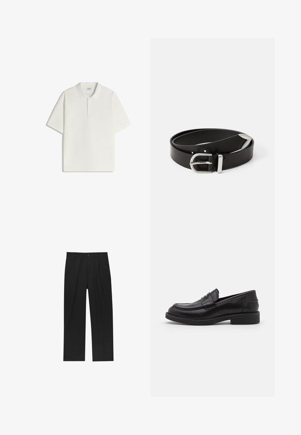 Polo blanc à manches courtes avec patte à deux boutons et col classique, posé à plat sur fond blanc.; Pantalons noirs au design droit, fabriqués à partir d'un tissu lisse. Dotés de plis sur le devant et d'une fermeture à un bouton à la taille.; Mocassins en cuir noir avec un bout arrondi, des coutures ton sur ton et un détail de sangle à l'avant. Semelle en caoutchouc avec un petit talon.; Ceinture en cuir noir avec une boucle en métal argenté, présentant un design classique et une texture lisse. Comprend des trous pour un ajustement flexible.