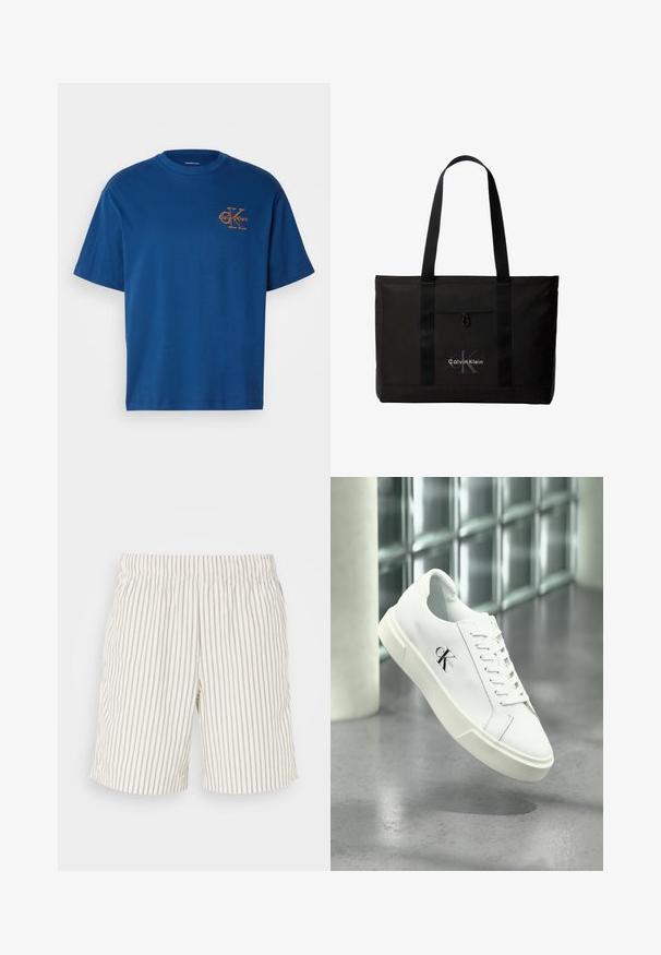 Blaues Baumwoll-T-Shirt mit Rundhalsausschnitt, kurzen Ärmeln und einem orangefarbenen Calvin Klein-Logo auf der linken Brust. Schlichte und klassische Schnittform.; Gestreifte Shorts aus einem leichten, atmungsaktiven Stoff. Die Farbe ist off-white mit dünnen, vertikalen grauen Streifen. Elastischer Bund.; Weißer Calvin Klein Sneaker mit Schnürsenkeln, schwebend über einem polierten Betonboden und einer Glasbausteinwand im Hintergrund dargestellt.; Schwarze Calvin Klein Tote-Tasche mit zwei langen Griffen und Fronttasche, mit dem Markenlogo in Weiß und Grau.