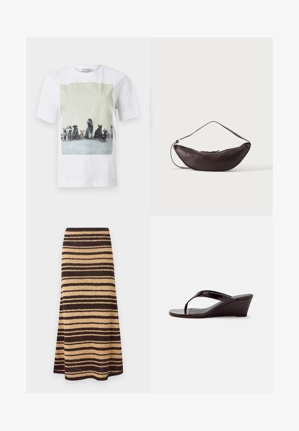 White t-shirt with a front photo print of nine different dog breeds sitting in a row on a concrete floor.; Knit skirt featuring alternating brown and beige stripes, elastic waistband, and a flared silhouette, showcasing a textured fabric.; Brown patent leather wedge sandal with a thong strap and open toe, shown in side profile on a plain background.; Dark brown leather crescent-shaped shoulder bag with a curved strap and visible stitching on plain background.