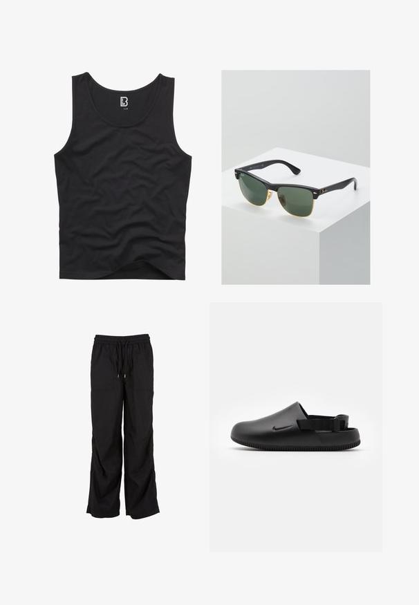 Top negro sin mangas hecho de una tela suave, con un escote redondeado y sisa, con un diseño liso y sin patrones ni acentos visibles.; Pantalones cargo negros de corte relajado, con cintura elástica con cordón, dos bolsillos frontales y una textura suave de algodón.; Zuecos negros moldeados con una textura suave, correa trasera para mayor estabilidad y suela acanalada para un buen agarre. Presenta un pequeño logo lateral.; Gafas de sol Ray-Ban con lentes verdes, montura de plástico negro y acentos dorados en los bordes. Forma cuadrada con acabado mate.