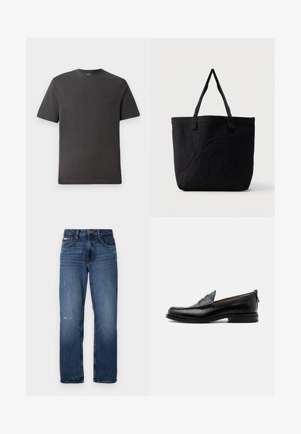 Camiseta de manga corta gris, hecha de una tela suave y ligera, con cuello redondo y costuras mínimas. Apta para uso casual.; Jeans de mezclilla azul con diseño de pierna recta. Presentan áreas desgastadas y ligero distress en la parte frontal, con un cierre clásico de botón.; Mocasín de hombre de piel negra con costura moc toe, tira penny, cuello texturizado y tacón bajo apilado sobre fondo blanco.; Bolsa tote de lona negra con dos correas para el hombro y un diseño circular en relieve sutil en el frente.