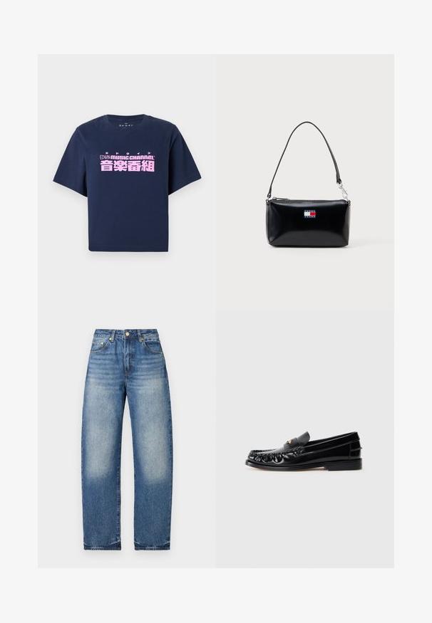 T-shirt à manches courtes bleu marine avec le texte rose "EDWIN MUSIC CHANNEL" et des caractères japonais centrés sur le devant.; Jean en denim bleu avec une coupe droite, finition délavée, bouton en laiton et design à cinq poches. Détails cousus le long des coutures et des poches.; Mocassins en cuir noir avec un bout arrondi, des coutures décoratives et un petit accent doré sur le dessus. Semelle en caoutchouc plate, design épuré.; Sac à bandoulière rectangulaire noir avec une courte sangle et le logo Tommy Jeans en rouge, blanc et bleu au centre avant.