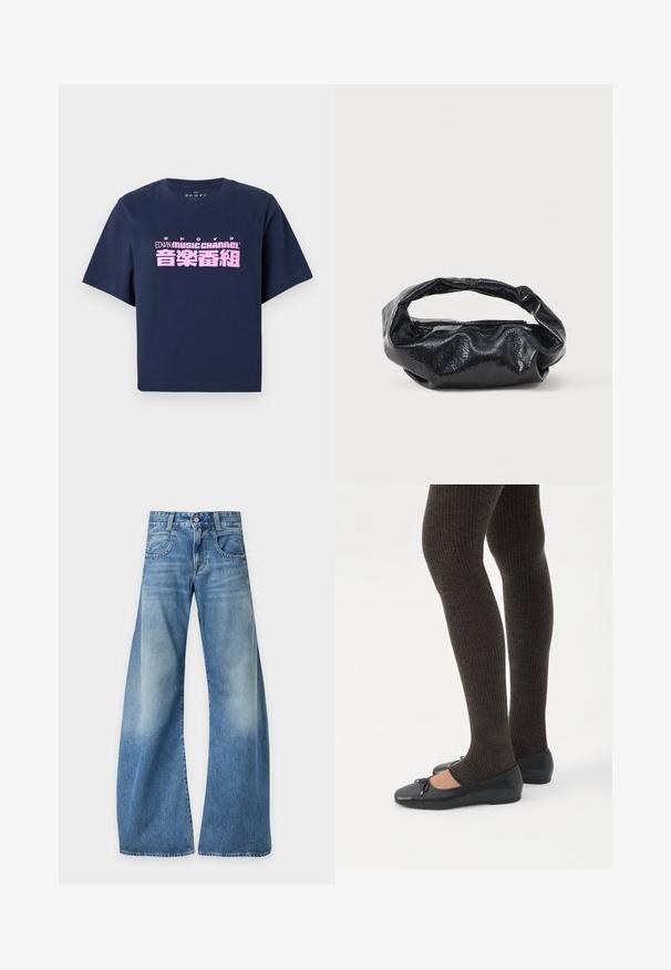 T-shirt à manches courtes bleu marine avec le texte rose "EDWIN MUSIC CHANNEL" et des caractères japonais centrés sur le devant.; Jeans en denim bleu à taille haute et coupe large, avec poches avant et légère décoloration sur les cuisses et le bas des jambes.; Jambes portant des leggings côtelés foncés associés à des ballerines noires avec de petits détails en nœud sur fond blanc.; Sac noir en matériau texturé et brillant avec une poignée circulaire torsadée et une fermeture éclair. Présente un design doux et froissé.