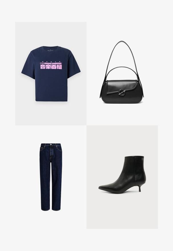 T-shirt à manches courtes bleu marine avec le texte rose "EDWIN MUSIC CHANNEL" et des caractères japonais centrés sur le devant.; Jeans en denim bleu foncé avec une coupe droite, dotés d'une taille haute, d'un style à cinq poches et de coutures contrastantes. Sans embellissements.; Bottine en cuir noir avec bout pointu et petit talon kitten sur fond clair, vue côté extérieur.; Sac à bandoulière en cuir noir avec un rabat incurvé fermé par un fermoir métallique rond et une sangle fine et ajustable.