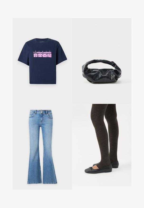 T-shirt à manches courtes bleu marine avec le texte rose "EDWIN MUSIC CHANNEL" et des caractères japonais centrés sur le devant.; Jean en denim bleu clair avec jambes évasées, deux poches devant et derrière, et une fermeture taille double bouton.; Jambes portant des leggings côtelés foncés associés à des ballerines noires avec de petits détails en nœud sur fond blanc.; Sac noir en matériau texturé et brillant avec une poignée circulaire torsadée et une fermeture éclair. Présente un design doux et froissé.
