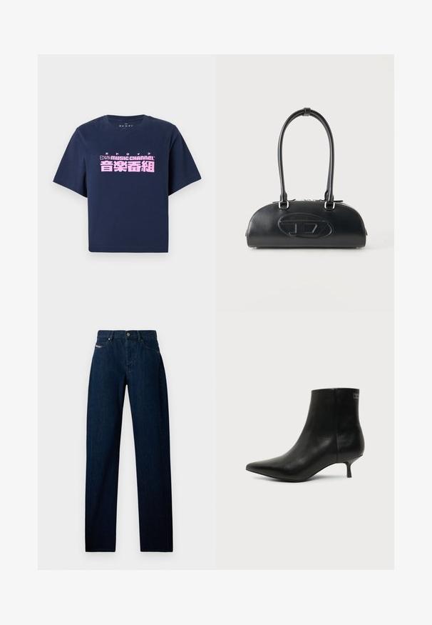 T-shirt à manches courtes bleu marine avec le texte rose "EDWIN MUSIC CHANNEL" et des caractères japonais centrés sur le devant.; Jean en denim bleu foncé avec une coupe droite, doté d'une fermeture boutonnée à l'avant et de poches traditionnelles.; Bottine en cuir noir avec bout pointu et petit talon kitten sur fond clair, vue côté extérieur.; Sac à main en cuir noir avec longues poignées doubles et logo ovale embossé sur le devant, présenté sur un fond clair uni.