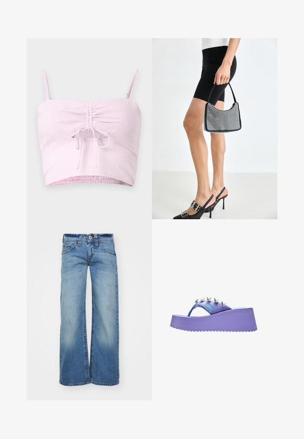Lys pink cropped top med justerbare spaghetti-stropper, samlet frontdetalje og elastisk kant. Struktureret stof tilføjer blødhed.; Lys blå vidde jeans i denimstof, med en blegning, fem lommer og en knaplukning med bæltestropper.; Lilla flip-flop sandal med sølv sommerfugledekorationer på remmen og en struktureret sål.; Sort perlehandtaske med en buet silhuet, bærehåndtag og blank overflade. Båret med højhælede sorte sko og tætsiddende sorte shorts.