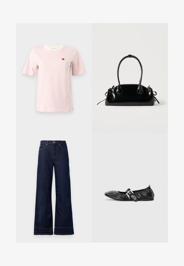 T-shirt à rayures roses avec manches courtes, col rond, et un petit cœur rouge brodé sur la poitrine. Tissu doux avec une coupe décontractée.; Jean large bleu foncé en denim. Caractéristiques : fermeture par bouton, détails de couture et poches latérales. Ourlet évasé en bas.; Chaussure plate en cuir noir avec un nez pointu, des détails froncés autour de l'ouverture et un accent en boucle argentée sur la bride ajustable.; Petit sac à main noir brillant avec deux longues anses et des détails à cordon sur les côtés sur un fond clair uni.