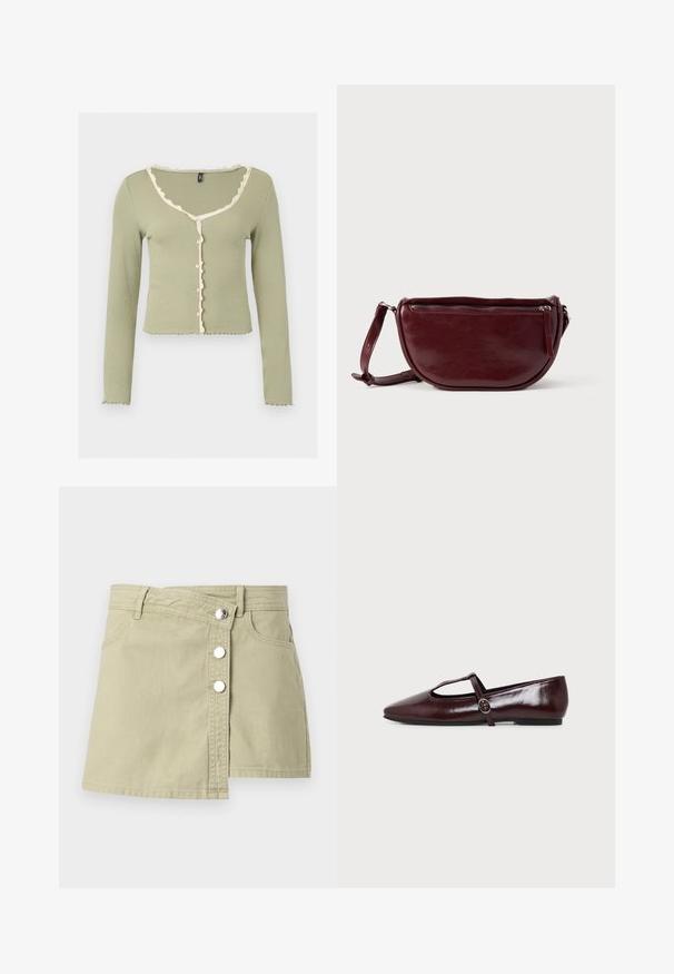 Cardigan côtelé vert clair à manches longues avec bordure volantée blanche le long de l'encolure, de la patte de boutonnage et des poignets, boutonné devant.; Jupe portefeuille en jean beige avec boutons-pression argentés à l'avant et passants pour ceinture, présentant un léger chevauchement sur le côté droit avant.; Chaussure plate en cuir bordeaux foncé avec un bout pointu et une fine bride en T avec une boucle argentée sur fond blanc.; Sac à main en cuir marron foncé avec une forme en demi-lune, une fermeture éclair et une bandoulière amovible. Texture lisse avec un léger éclat.