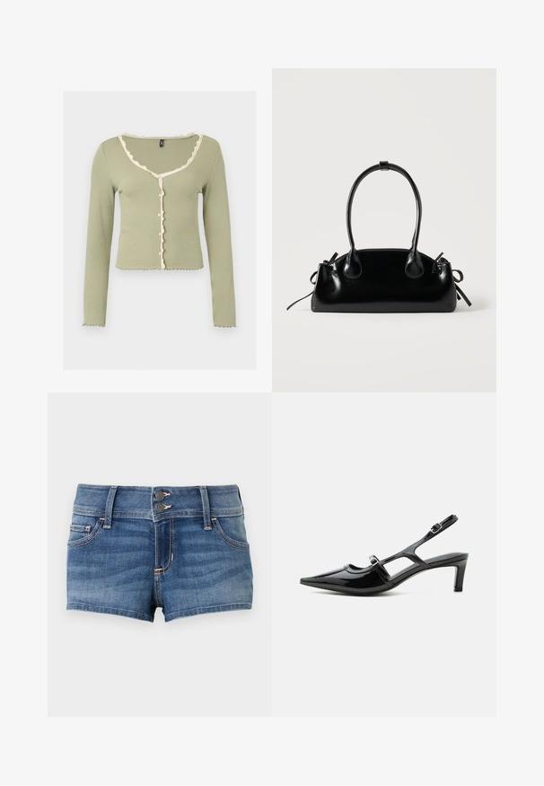 Cardigan côtelé vert clair à manches longues avec bordure volantée blanche le long de l'encolure, de la patte de boutonnage et des poignets, boutonné devant.; Shorts en jean bleu avec fermeture à double bouton, passants pour ceinture, poches avant, et détails délavés sur un fond uni.; Chaussure slingback en cuir verni noir à bout pointu, petit talon et deux brides réglables avec boucles, vue de profil latéral.; Petit sac à main noir brillant avec deux longues anses et des détails à cordon sur les côtés sur un fond clair uni.