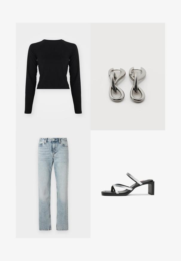 Sort langærmet crop top med rund hals og raglanærmer. Glat tekstur, minimalistisk design og ingen synlige mønstre eller hardware.; Lyseblå lige ben jeans lavet af denim med en falmet vask, der har en standard talje, bæltestropper og lukning med topknap.; Sort hæl sandal med to metaliske sølvstropper og firkantet tå. Har en kraftig blokhæl og en glat, mat finish.; Par af sølvtonede metale øreringe med abstrakt sammenflettet løbedesign på hvid baggrund.