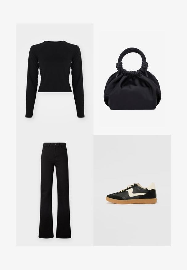 Čierny dlhý rukáv cropped top s okrúhlym výstrihom a raglánovými rukávmi. Hladká textúra, minimalistický dizajn a bez viditeľných vzorov alebo hardvéru.; Čierne rifle s vysokým pásom, rovnými nohavicami, prednými vreckami, pútkami na opasok, zapínaním na gombík a mierne zvonovými lemy na bielom pozadí.; Čierne semišové a kožené tenisky s krémovým bočným prešívaním a svetlo krémovou pätou. Obsahujú béžové šnúrky a podošvu z gumeného kaučuku.; Čierna mäkká látková kabelka so zbieraným vrchom a okrúhlymi vyvložkovanými rukoväťami zviazanými uzlami na každej strane.