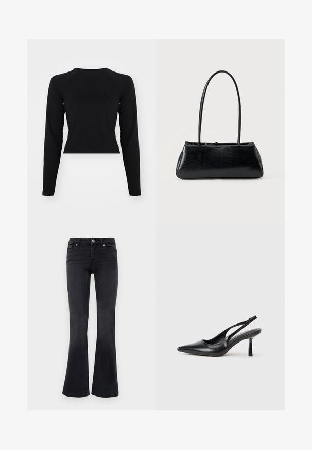 Zwarte langmouw crop top met een ronde hals en raglanmouwen. Gladde textuur, minimalistisch ontwerp en geen zichtbare patronen of hardware.; Zwarte denim bootcut jeans met een voorste knop, rits, riemlussen en vijf-pocket ontwerp.; Zwarte leren slingback hoge hak schoenen met puntige neus en slanke hak op een witte achtergrond.; Zwarte rechthoekige schoudertas met lange dunne banden en een gladde, glanzende textuur op een effen achtergrond.