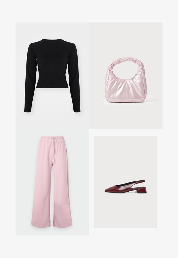 Sort langærmet crop top med rund hals og raglanærmer. Glat tekstur, minimalistisk design og ingen synlige mønstre eller hardware.; Lyserøde brede bukser med elastisk talje og snoretræk, vist på en neutral baggrund.; Bordeauxrød læder slingback-sko med spids tå og lav blokhæl, vist fra siden på hvid baggrund.; Rosa, polstret håndtaske med afrundet design, lavet af skinnende materiale. Har et samlet håndtag og en lynlås til sikker adgang.