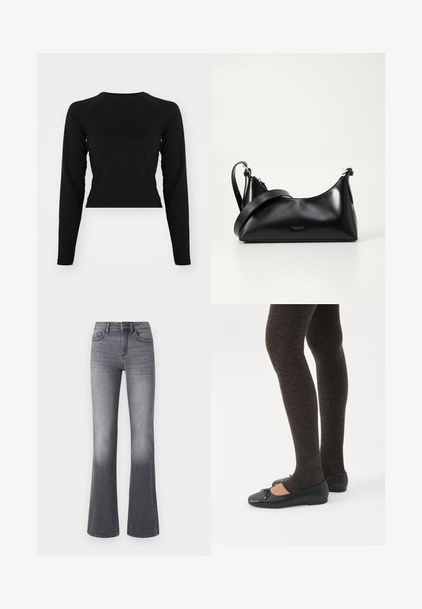 Must have pikka varrukatega must lühike topp, ümmargune kaelus. Sile tekstuur, minimalistlik disain, ilma nähtavate mustrite või metalldetailideta.; Tumedat hallist denimist kõrge vöökohaga lõhestatud teksad, esinugade, nööpkinnituse ja õrnade tuhmumisega allääre suunas.; Jalad seljas tumedad soonelises soonelises kombines mustade baleriinadega, millel on väikesed paelade detailid valgel taustal.; Mustmust nahkaga kott sileda tekstuuriga. Omab reguleeritavat rihma ja sujuvat, minimalistlikku disaini, millel on lukuga sulgemine.