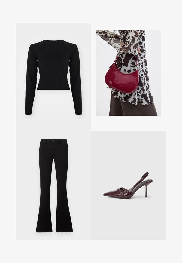 Čierny dlhý rukáv cropped top s okrúhlym výstrihom a raglánovými rukávmi. Hladká textúra, minimalistický dizajn a bez viditeľných vzorov alebo hardvéru.; Čierne rozšírené rifle s vysokým pásom, vyrobené z denimu. Majú päť vreciek a jedno zapínanie na gombík. Hladká textúra.; Bordové lodičky zo lesklej koženky so špičatou špičkou, tenkým remienkom na členku a malou dekoratívnou prackou. Hladká textúra a vysoký opätok.; Žena v čierno-bielom vzorovanom blúzke drží lesklú červenú kabelku cez rameno na jednofarebnom pozadí.