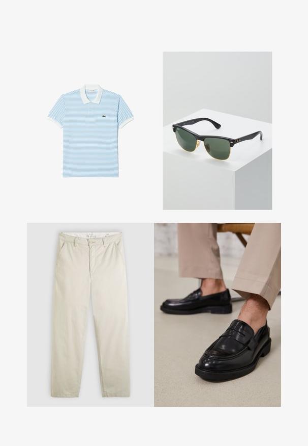 Blau-weiß gestreiftes Polohemd aus Baumwolle mit klassischem Kragen, kurzen Ärmeln und einem grünen Logo auf der linken Brust.; Helle beige Chino-Hosen mit geradem Bein, Fronttaschen, Gürtelschlaufen, Knopfverschluss und Reißverschluss, flach auf weißem Hintergrund präsentiert.; Schwarze Lederloafers mit glatter Oberfläche, ausgestattet mit einem dekorativen Riemen und Kontrastnähten, kombiniert mit beigen Hosen.; Ray-Ban Sonnenbrillen mit grünen Gläsern, schwarzen Kunststoffrahmen und goldenen Akzenten an den Rändern. Quadratische Form mit matter Oberfläche.