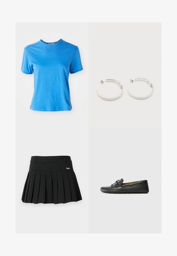 T-shirt bleu à manches courtes en coton. Encolure ronde avec une texture douce et une coupe légèrement décontractée. Sans motifs ni accents supplémentaires.; Jupe plissée noire en tissu léger, dotée d'une ceinture plate et d'un petit logo métallique sur le côté gauche avant.; Bateau en cuir noir avec un bout arrondi, des détails de couture, un petit accent en nœud et une semelle en caoutchouc. Texture lisse et design épuré.; Boucles d'oreilles demi-cercles ton argent avec texture striée et fermoirs à pression sur fond blanc.