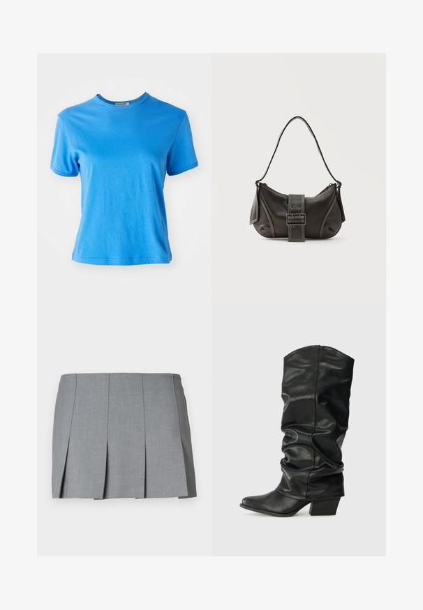 T-shirt bleu à manches courtes en coton. Encolure ronde avec une texture douce et une coupe légèrement décontractée. Sans motifs ni accents supplémentaires.; Jupe plissée grise avec une texture lisse, un design structuré et une taille ajustée. Fabriquée en tissu léger avec un motif subtile.; Bottes noires en cuir, montantes jusqu'au genou, avec un design plissé, un bout pointu et un talon épais, présentant une texture lisse et des coutures minimales.; Sac à épaule en cuir noir avec une sangle à boucle, des bords arrondis et des coutures blanches contrastées sur un fond uni.