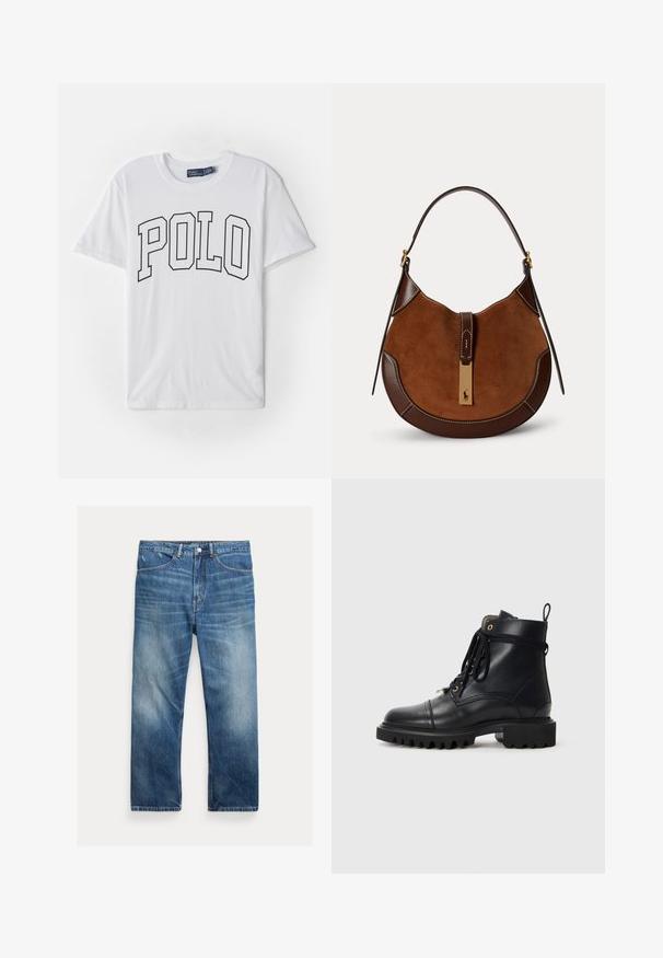 Hvid bomulds T-shirt med en sort konturprint af ordet "POLO" på forsiden, korte ærmer og en rund halsudskæring.; Blå vaskede denimjeans med lige ben, forlommer, bæltestropper og falmede detaljer på lår og knæ.; Sort læder ankelstøvle med rund tå, robust gummisål, snørebånd og et træktab; har guldøjer og stikninger.; Brun ruskind- og lædertaske formet som en halvmåne med enkelt rem og guldfarvet lukning med et lille hest og rytter logo.