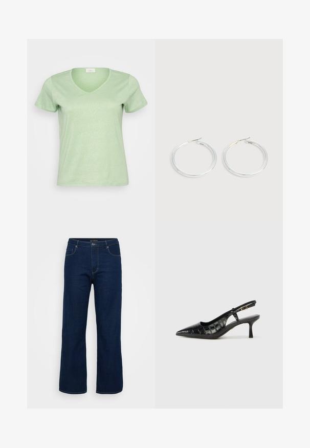 Lys grøn, kortærmet V-hals T-shirt lavet af et blødt, let skinnende stof med et enkelt og rent design.; Mørkeblå denim jeans med lige pasform, der har en lynlås, fem lommer og synlige syninger.; Sorte slingback hæle med spids tå og et tekstureret, krokodillepræget mønster. Inkluderer en smal ankelrem og en lille hæl.; Par skinnende sølvøreringe med tynde trådlåse, vist på en lys grå baggrund.
