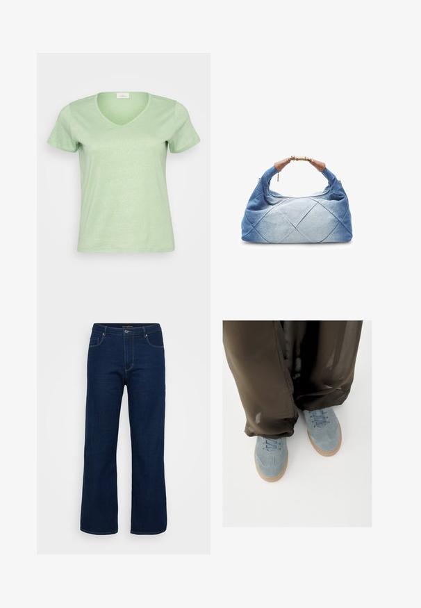 Camiseta de cuello en V de manga corta en verde claro, hecha de un tejido suave y ligeramente brillante con un diseño simple y limpio.; Vaqueros de mezclilla azul oscuro con un diseño de corte recto, que cuentan con una cremallera, cinco bolsillos y detalles de costura visibles.; Zapatillas de ante azul claro con suelas de goma, usadas con pantalones anchos de pierna transparente negra sobre un fondo blanco.; Bolso de denim con cierre de cremallera, que presenta un diseño acolchado en tonos variados de azul y acentos de cuero marrón en el asa.