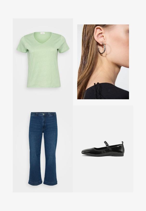 Lys grøn, kortærmet V-hals T-shirt lavet af et blødt, let skinnende stof med et enkelt og rent design.; Højtaljede blå jeans med lige ben og bred kant, lavet af denim. Har et klassisk fem-lomme design og lukning med metalknap.; Sorte patentlæder flade sko med spidse tæer, en ankelrem med spænde og en glat, blank tekstur. Lav hæl for komfort.; Sølv hoop ørestik med en poleret overflade, prydet med små guld accenter og en rund form, båret på øreflippen.