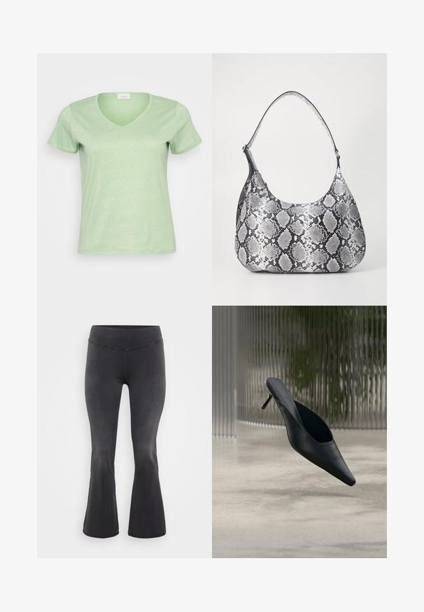 Lys grøn, kortærmet V-hals T-shirt lavet af et blødt, let skinnende stof med et enkelt og rent design.; ONLY Carmakoma Flared fit CARROYAL Mid waist - Flared jeans - washed black; Sort mule sko med spids tå og tynd høj hæl, der svæver over en glat beton gulv med en sløret baggrund med lodrette striber.; Sort-hvid slangemønster skuldertaske med en rund form, glat tekstur og en buet rem. Har et sølvfarvet hardware-accents.
